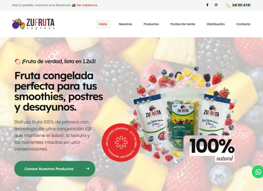 Página web de Zufruta Express, comercializadora de fruta congelada, creada por Publinovo