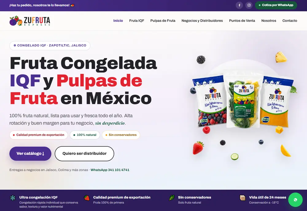 Sitio web de Zufruta Express, fruta congelada y pulpas de fruta