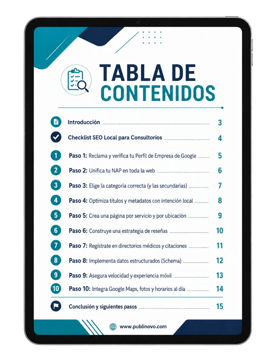 Vista previa del checklist en tablet — Tabla de contenidos: introducción, los 10 pasos y conclusión
