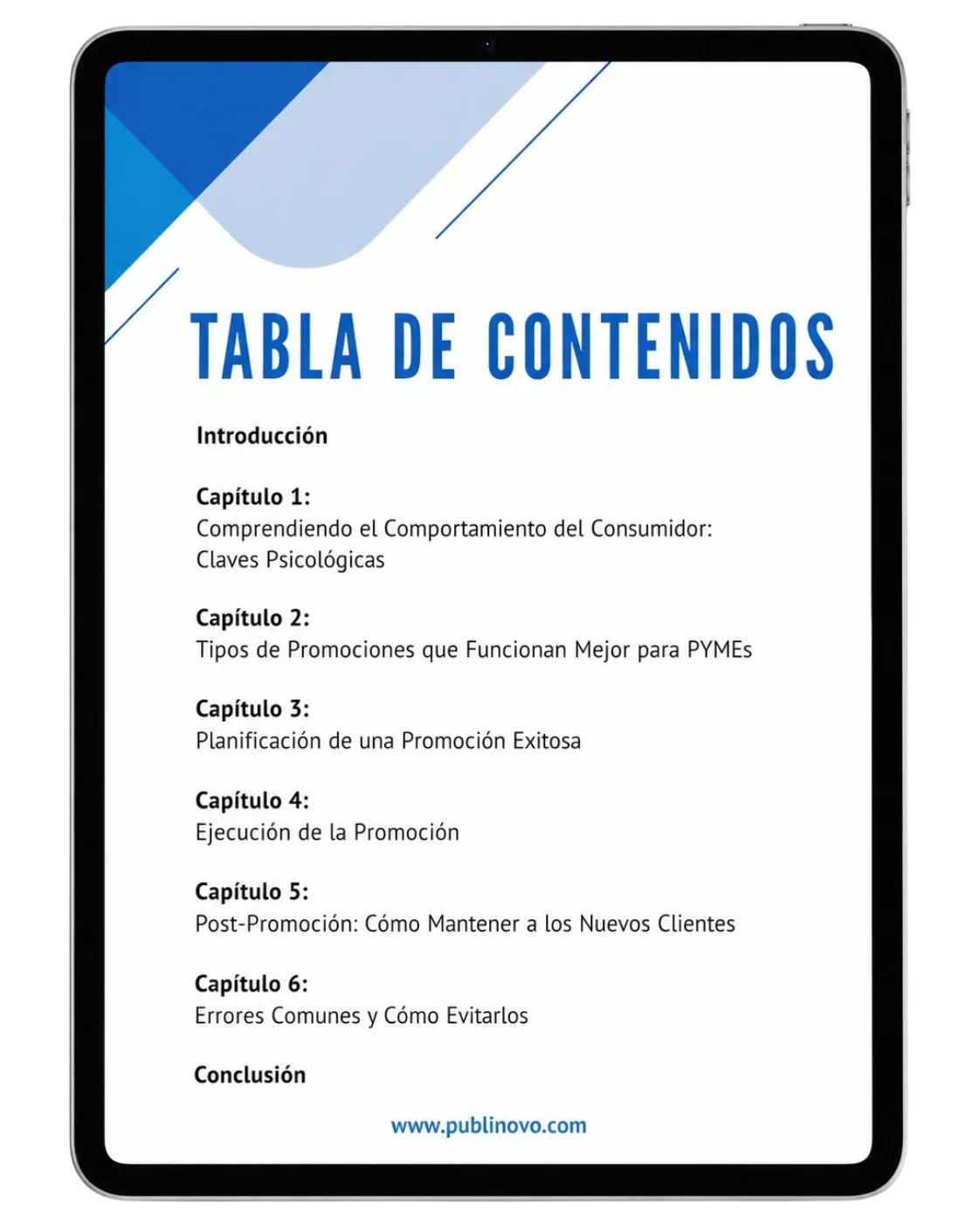 Vista previa de la guía en tablet — Tabla de contenidos: introducción, 6 capítulos y conclusión