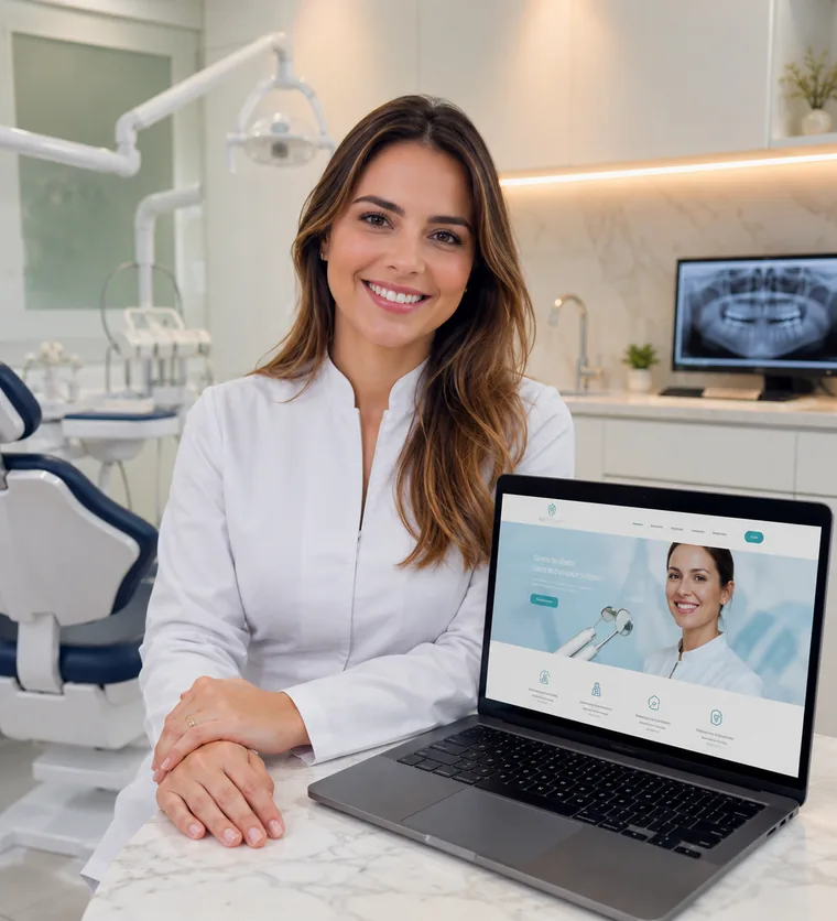 Dentista profesional en su consultorio con su página web de Publinovo