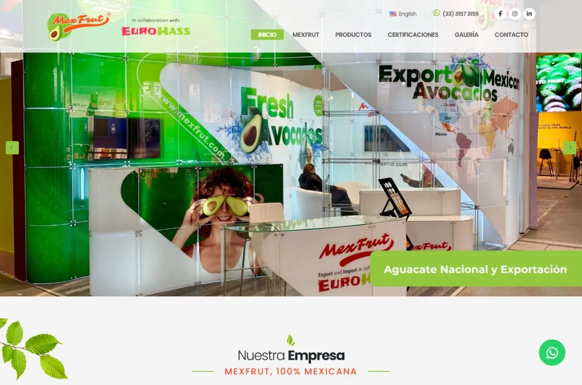 Página web de Empaque Mexfrut con catálogo de aguacate hass premium