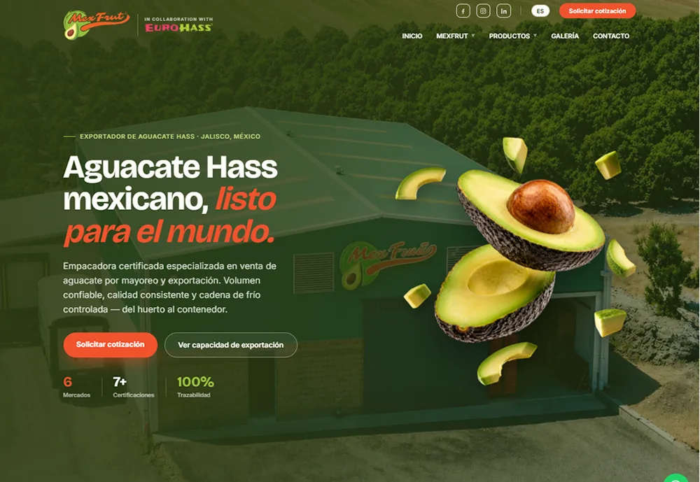 Página web de Mexfrut, empacadora y exportadora de aguacate, creada por Publinovo