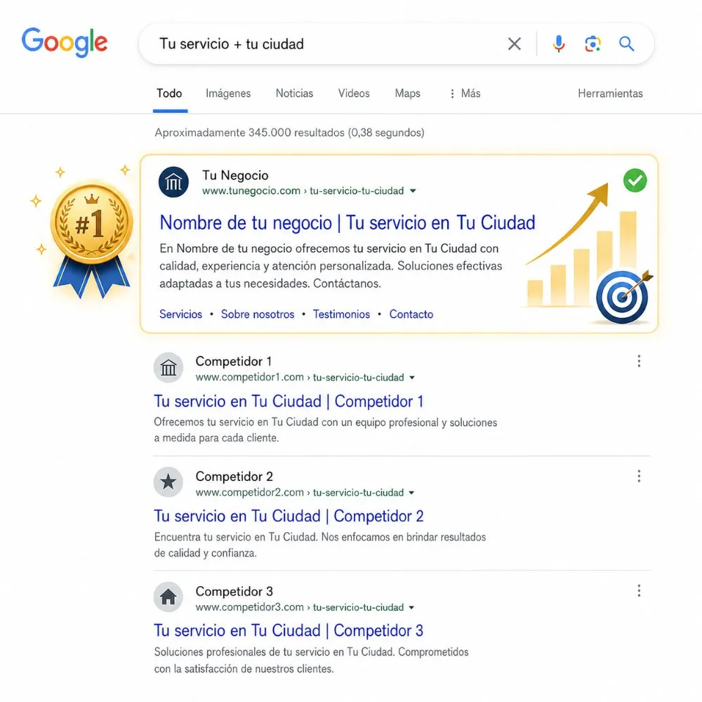 Resultados de búsqueda en Google mostrando Tu Negocio en la posición número 1, por encima de tres competidores